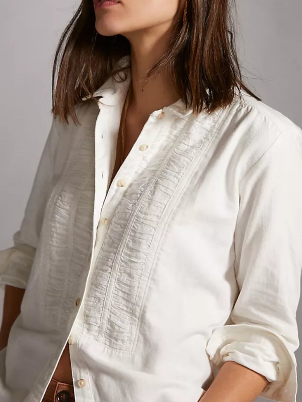 Pilcro Anthropologie Tuxedo Ruched Buttondown Shirt Cotton Linen White